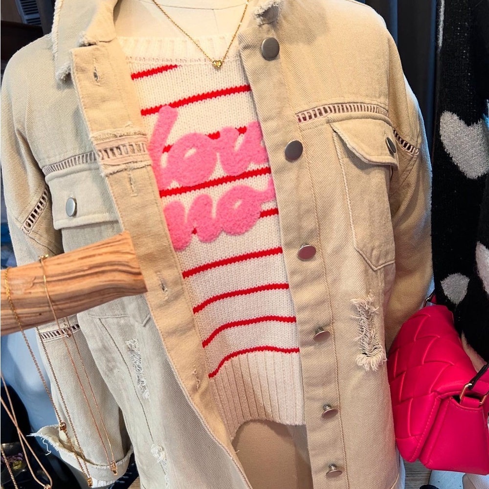 “Love more” Pink and Ivory Striped Sweater